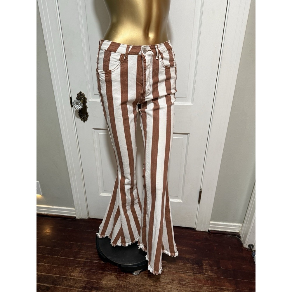 New Womens Saints And Hearts Brown & White Stripe Bell Bottom Pants Size Medium